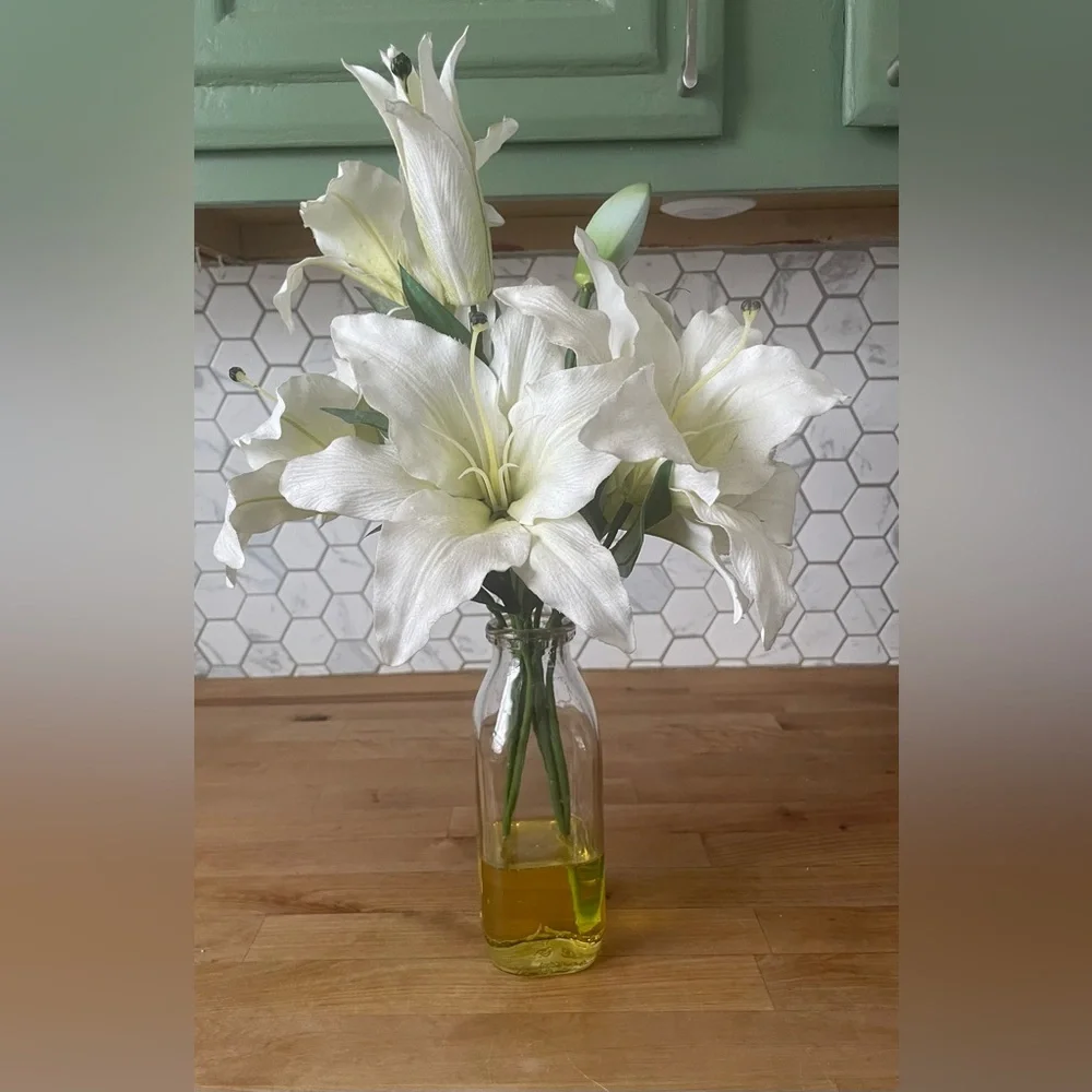 Faux White Lily Arrangement in Glass Vase